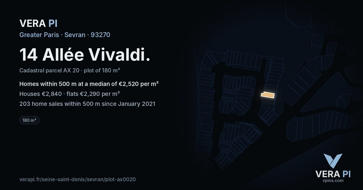 14 Allée Vivaldi, Sevran at night – the plot lit, the parcels around coloured by the prices near them