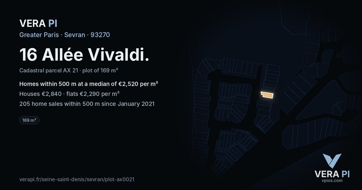 16 Allée Vivaldi, Sevran at night – the plot lit, the parcels around coloured by the prices near them
