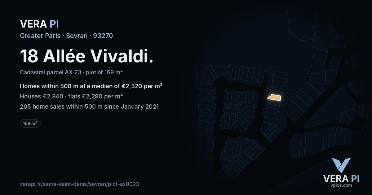 18 Allée Vivaldi, Sevran at night – the plot lit, the parcels around coloured by the prices near them