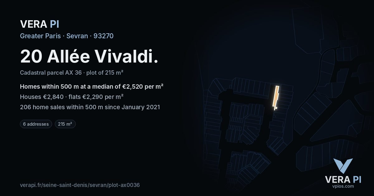 20 Allée Vivaldi, Sevran at night – the plot lit, the parcels around coloured by the prices near them