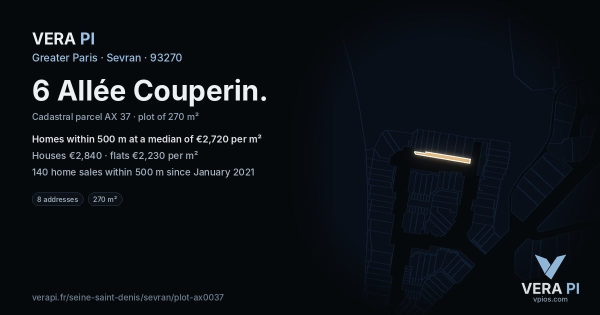 6 Allée Couperin, Sevran at night – the plot lit, the parcels around coloured by the prices near them