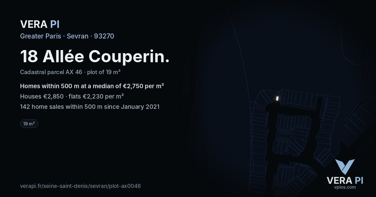 18 Allée Couperin, Sevran at night – the plot lit, the parcels around coloured by the prices near them