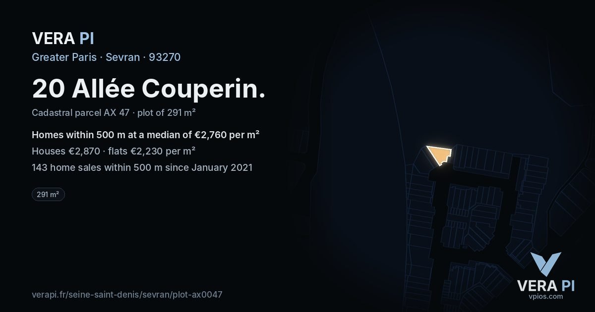 20 Allée Couperin, Sevran at night – the plot lit, the parcels around coloured by the prices near them