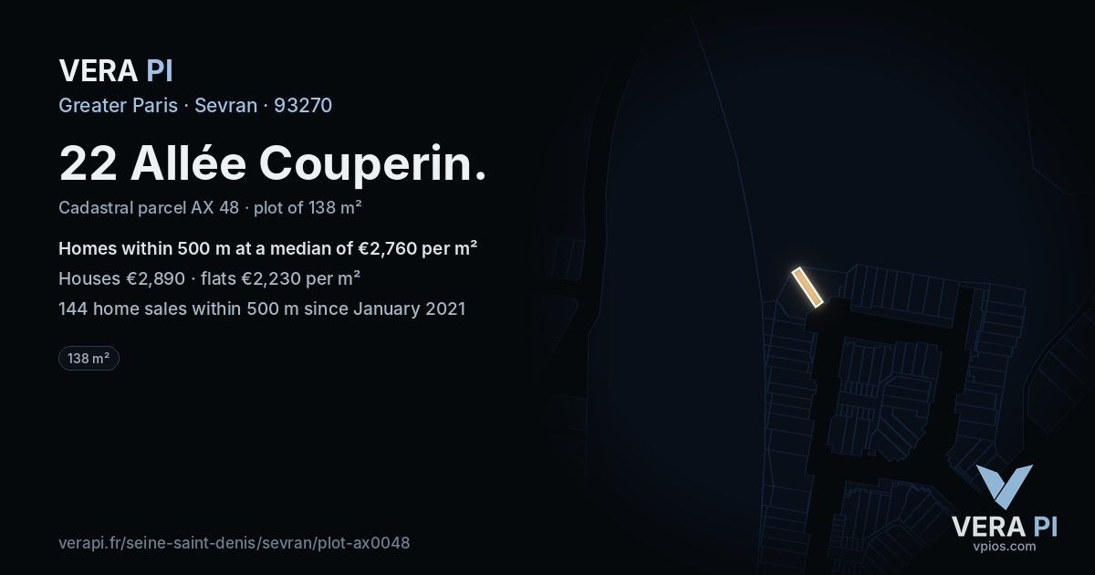 22 Allée Couperin, Sevran at night – the plot lit, the parcels around coloured by the prices near them