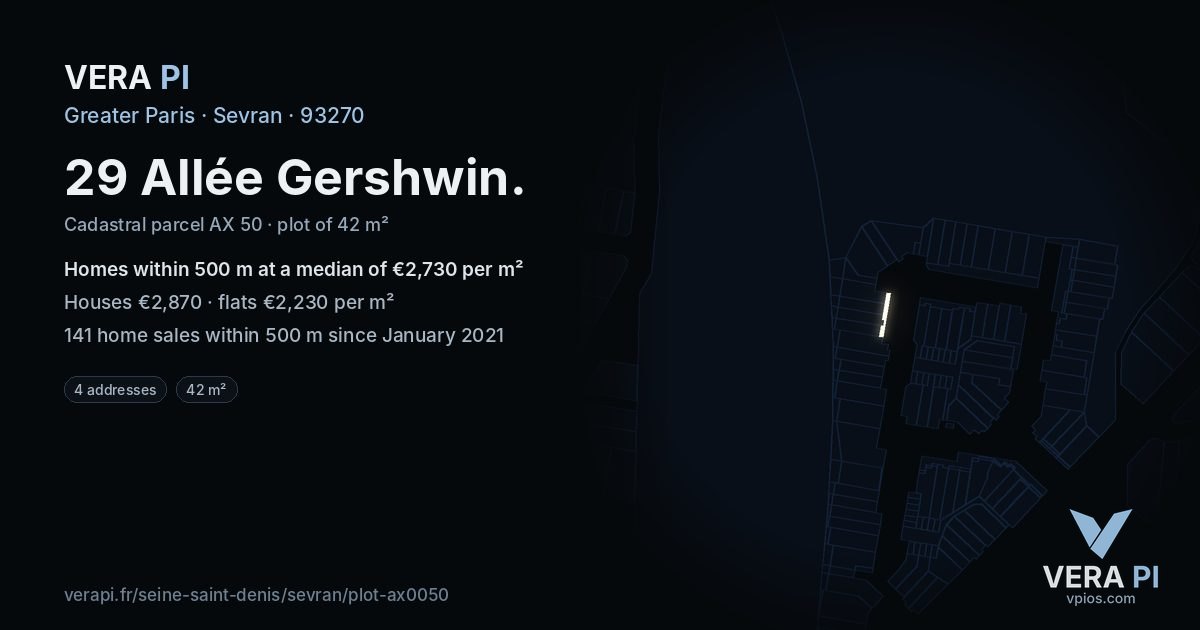 29 Allée Gershwin, Sevran at night – the plot lit, the parcels around coloured by the prices near them