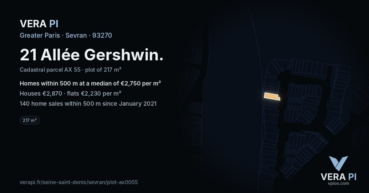 21 Allée Gershwin, Sevran at night – the plot lit, the parcels around coloured by the prices near them