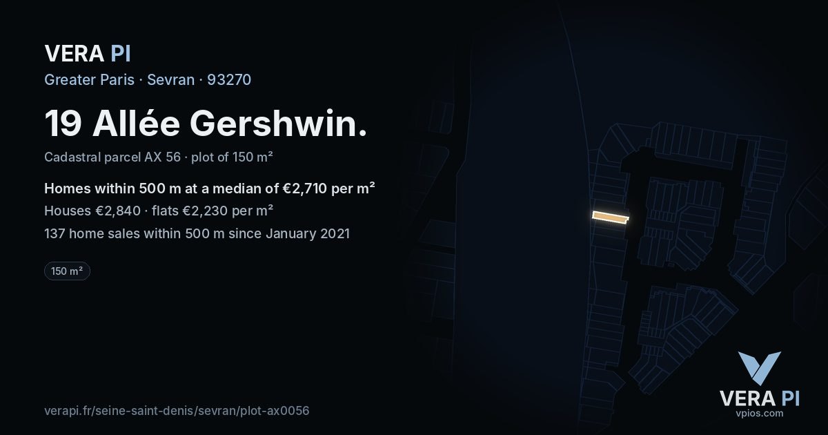 19 Allée Gershwin, Sevran at night – the plot lit, the parcels around coloured by the prices near them