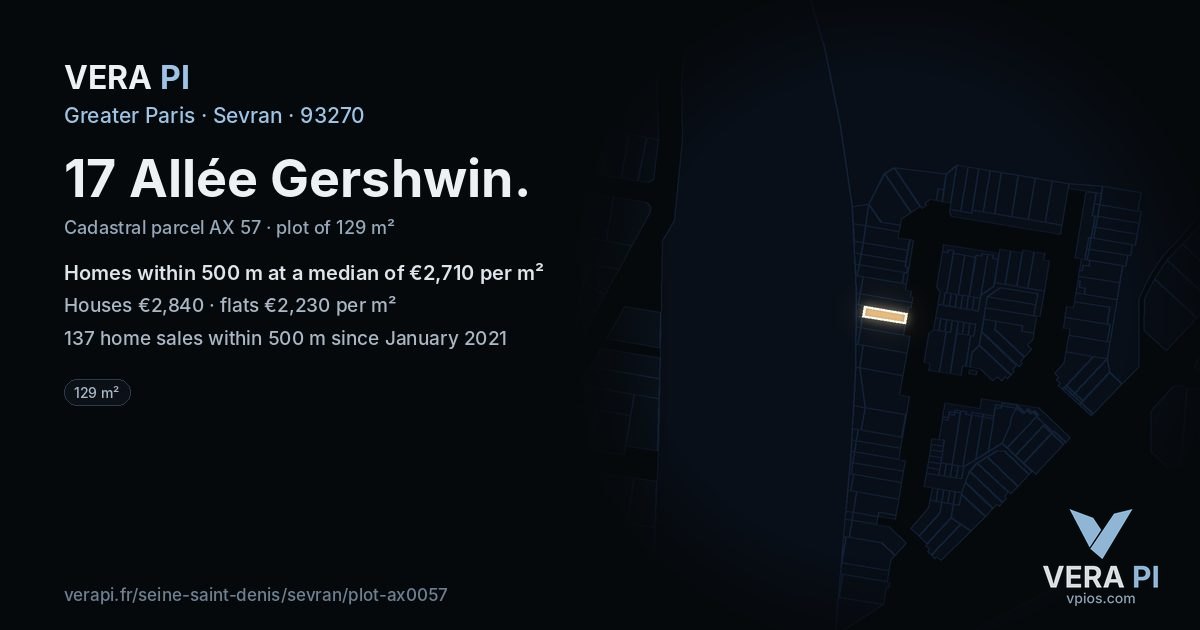 17 Allée Gershwin, Sevran at night – the plot lit, the parcels around coloured by the prices near them