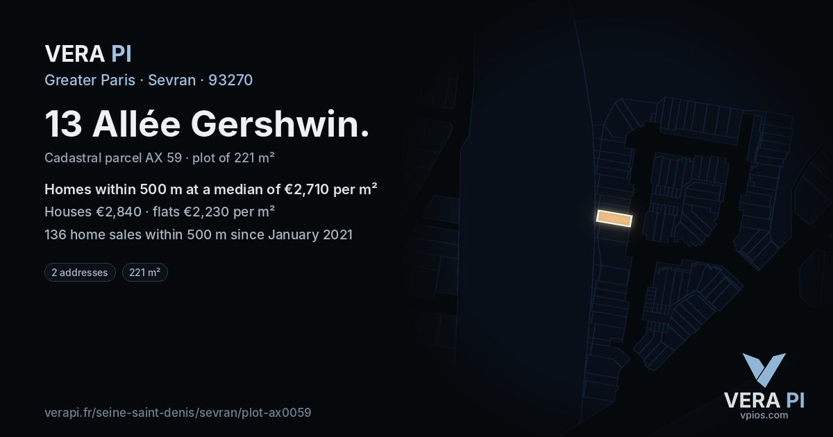 13 Allée Gershwin, Sevran at night – the plot lit, the parcels around coloured by the prices near them