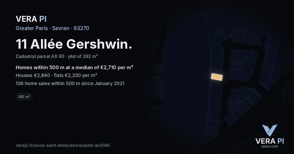 11 Allée Gershwin, Sevran at night – the plot lit, the parcels around coloured by the prices near them