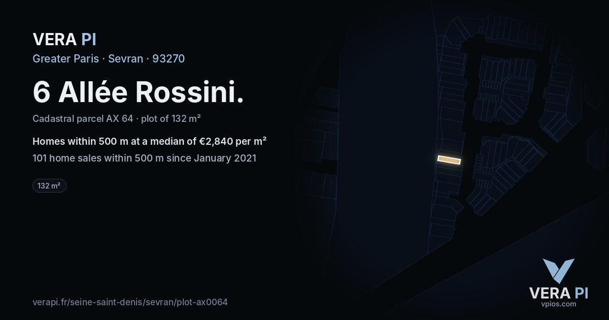 6 Allée Rossini, Sevran at night – the plot lit, the parcels around coloured by the prices near them