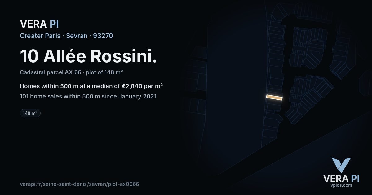10 Allée Rossini, Sevran at night – the plot lit, the parcels around coloured by the prices near them