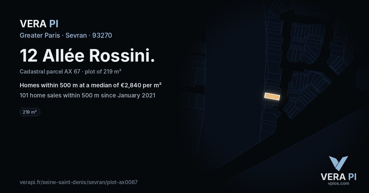 12 Allée Rossini, Sevran at night – the plot lit, the parcels around coloured by the prices near them