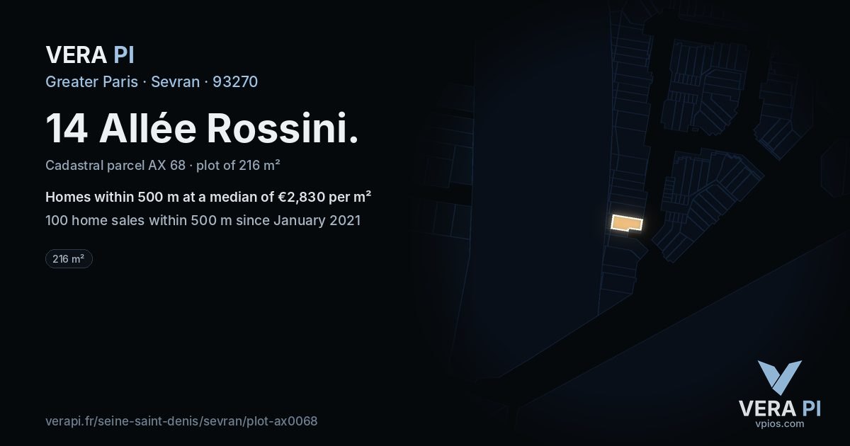 14 Allée Rossini, Sevran at night – the plot lit, the parcels around coloured by the prices near them