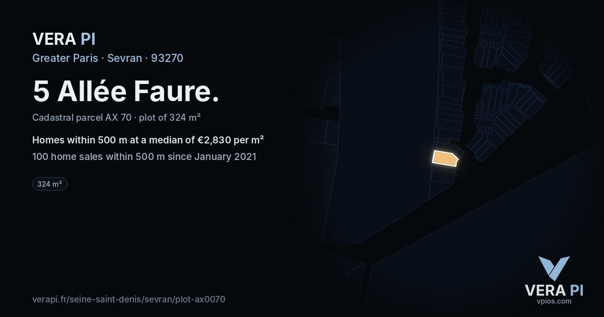 5 Allée Faure, Sevran at night – the plot lit, the parcels around coloured by the prices near them