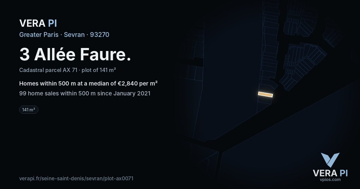 3 Allée Faure, Sevran at night – the plot lit, the parcels around coloured by the prices near them