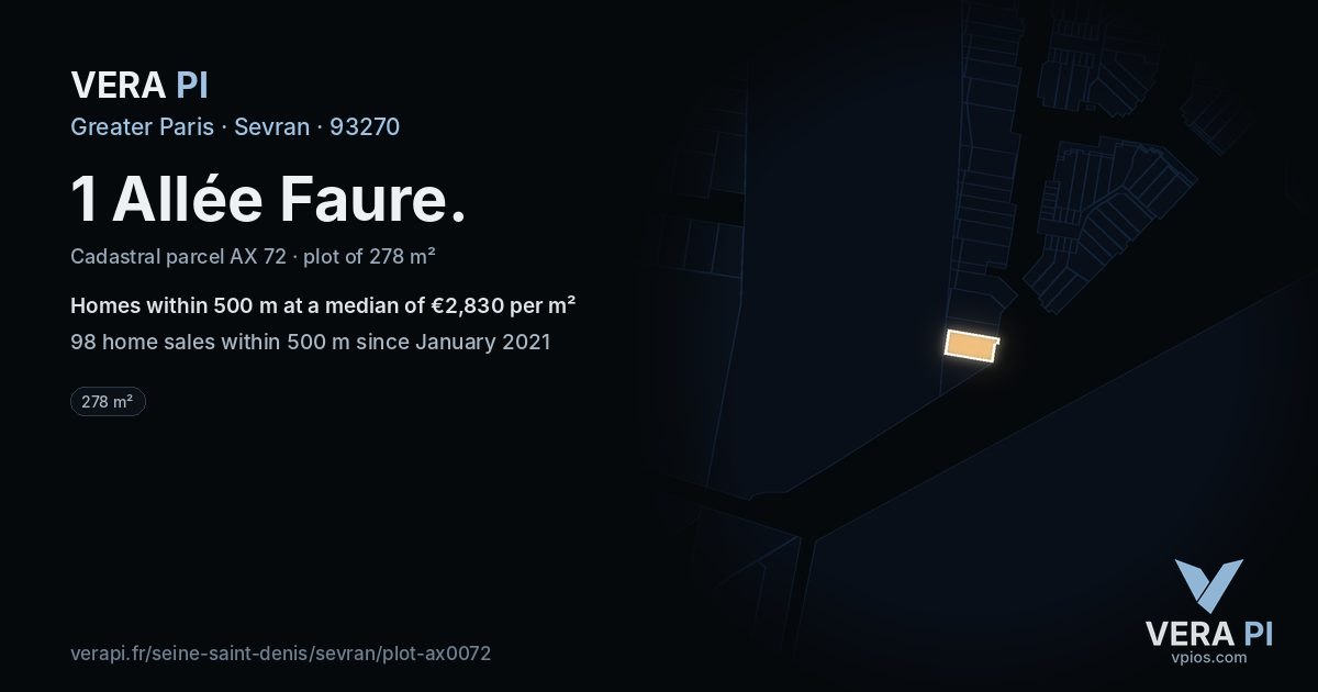 1 Allée Faure, Sevran at night – the plot lit, the parcels around coloured by the prices near them