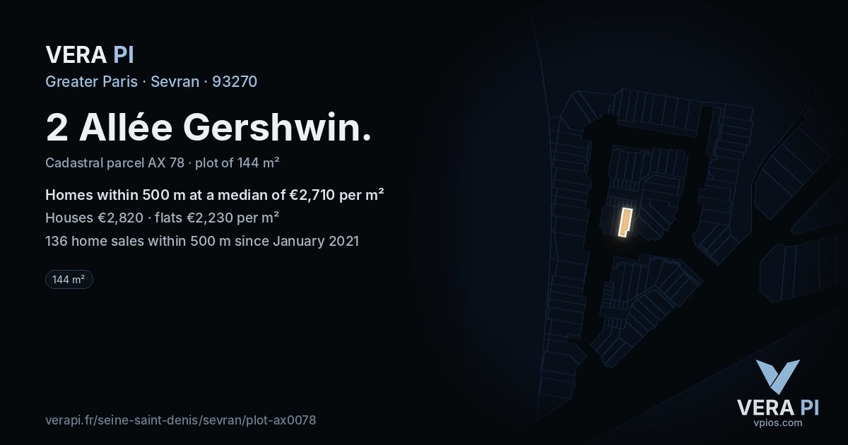 2 Allée Gershwin, Sevran at night – the plot lit, the parcels around coloured by the prices near them