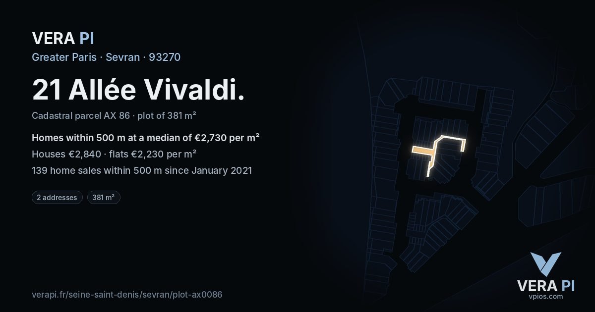 21 Allée Vivaldi, Sevran at night – the plot lit, the parcels around coloured by the prices near them