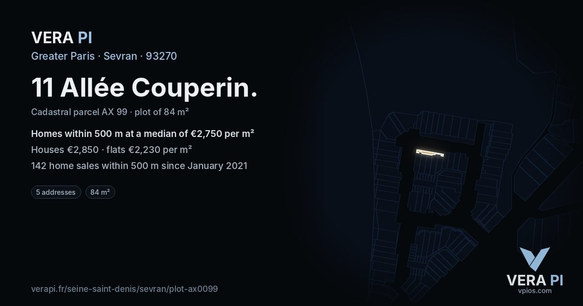 11 Allée Couperin, Sevran at night – the plot lit, the parcels around coloured by the prices near them
