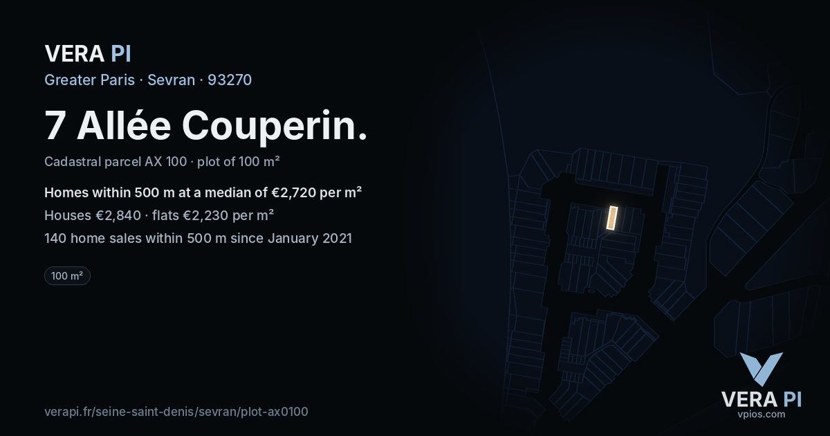 7 Allée Couperin, Sevran at night – the plot lit, the parcels around coloured by the prices near them