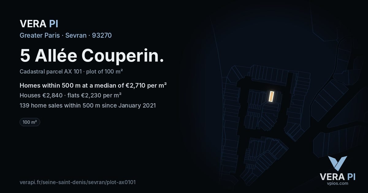 5 Allée Couperin, Sevran at night – the plot lit, the parcels around coloured by the prices near them