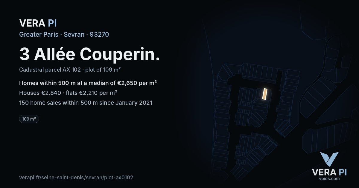 3 Allée Couperin, Sevran at night – the plot lit, the parcels around coloured by the prices near them