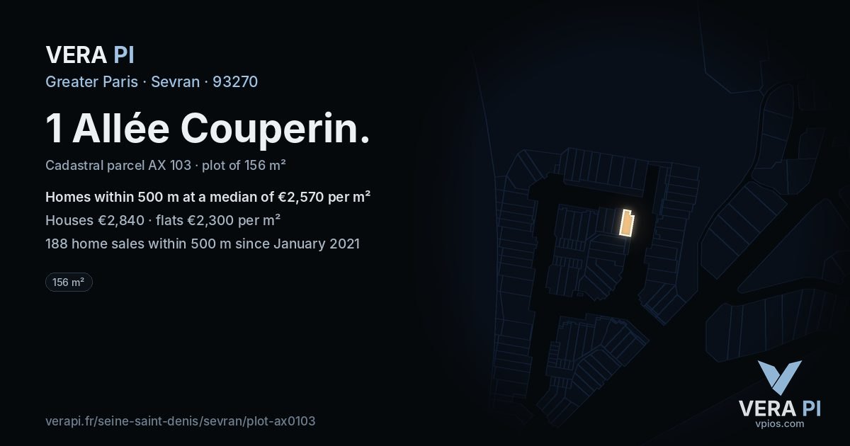 1 Allée Couperin, Sevran at night – the plot lit, the parcels around coloured by the prices near them