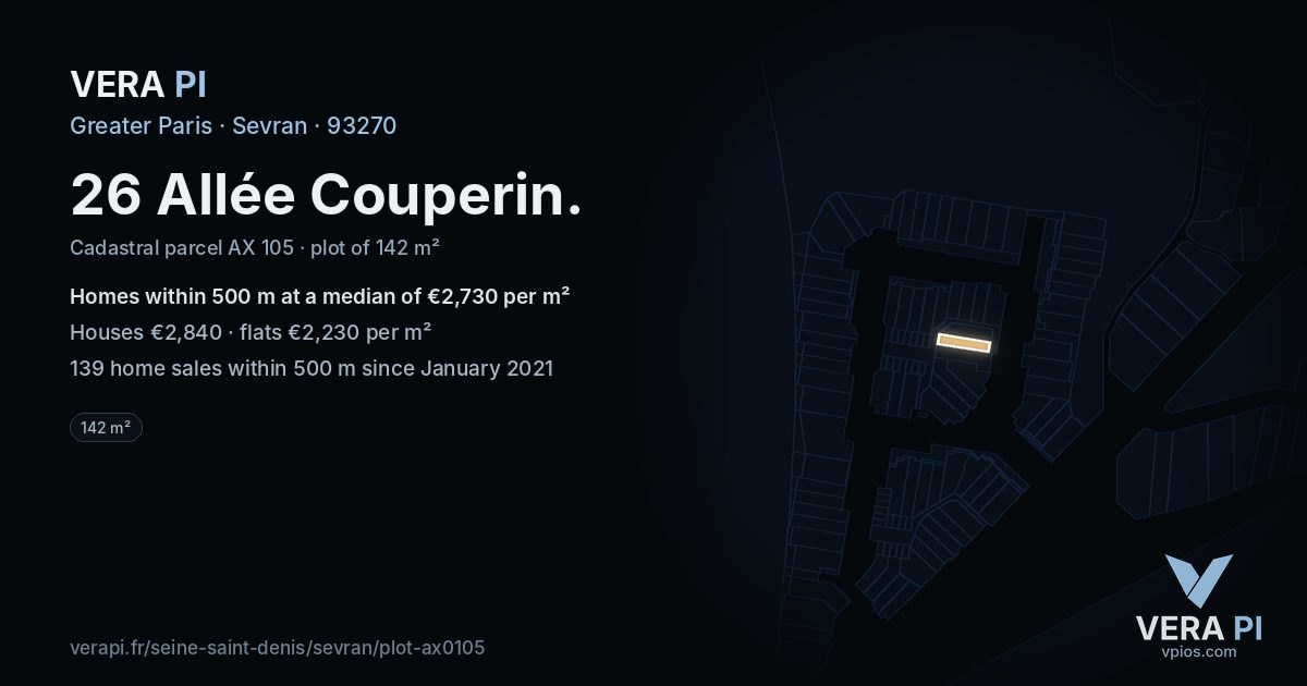26 Allée Couperin, Sevran at night – the plot lit, the parcels around coloured by the prices near them