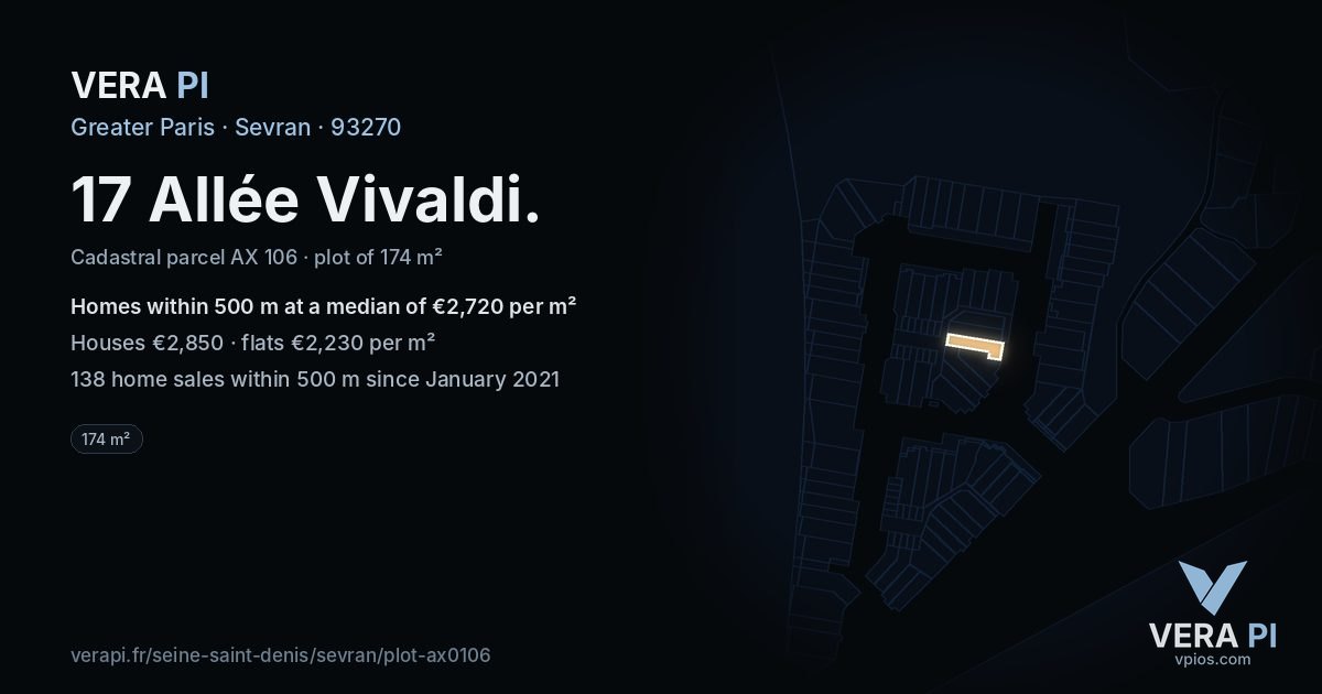 17 Allée Vivaldi, Sevran at night – the plot lit, the parcels around coloured by the prices near them