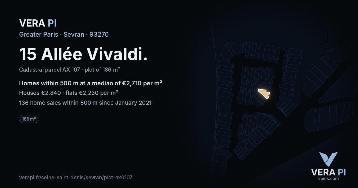 15 Allée Vivaldi, Sevran at night – the plot lit, the parcels around coloured by the prices near them