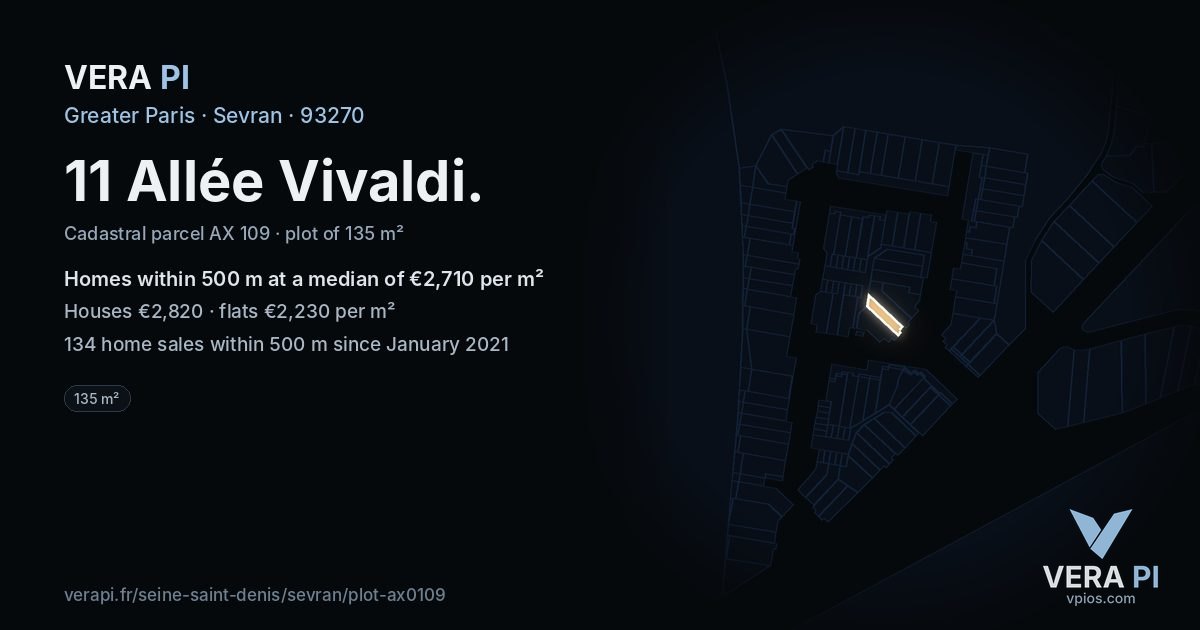 11 Allée Vivaldi, Sevran at night – the plot lit, the parcels around coloured by the prices near them