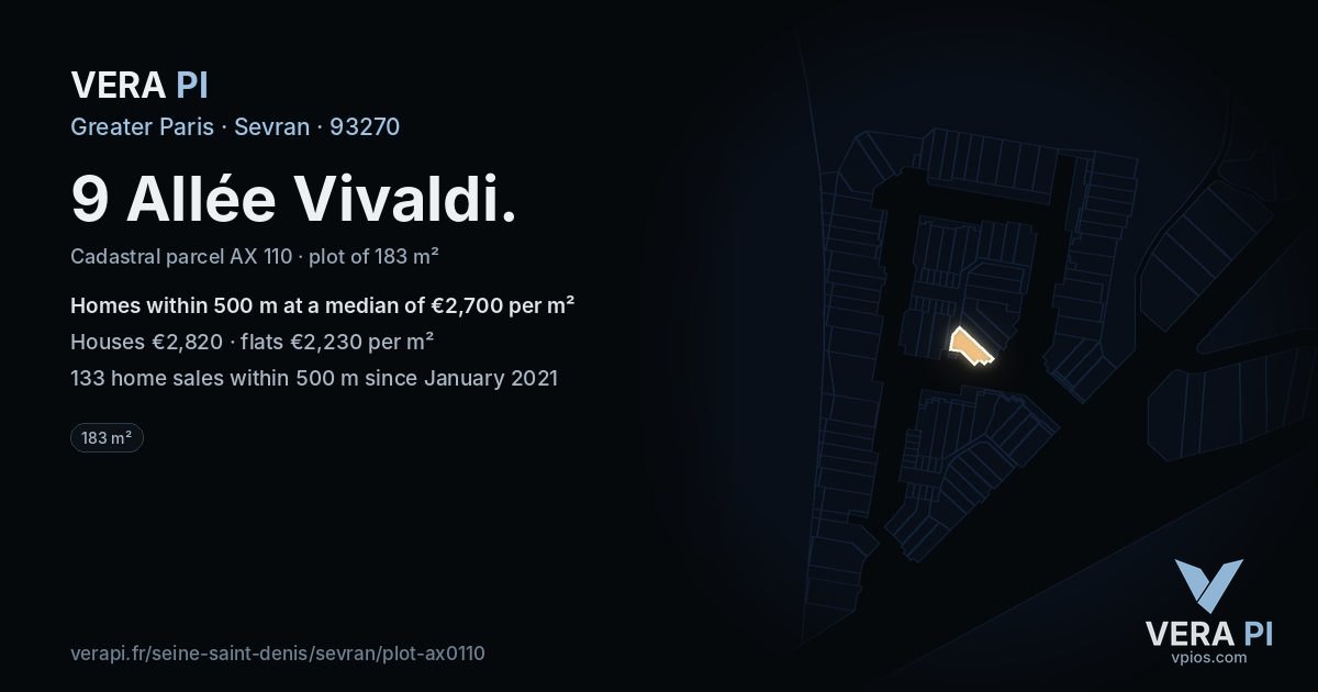 9 Allée Vivaldi, Sevran at night – the plot lit, the parcels around coloured by the prices near them