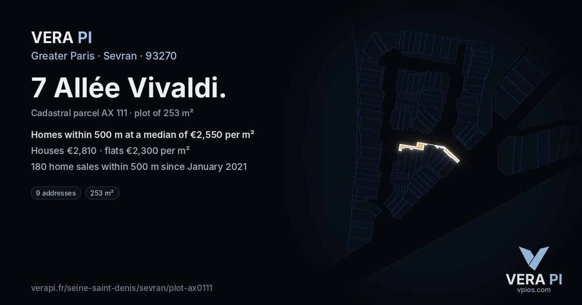 7 Allée Vivaldi, Sevran at night – the plot lit, the parcels around coloured by the prices near them