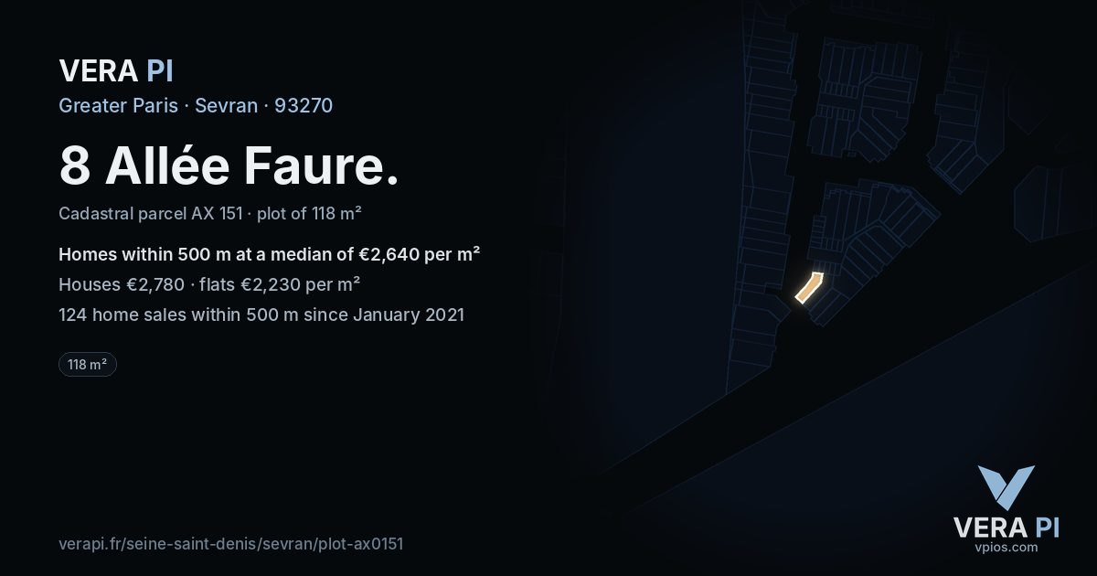 8 Allée Faure, Sevran at night – the plot lit, the parcels around coloured by the prices near them