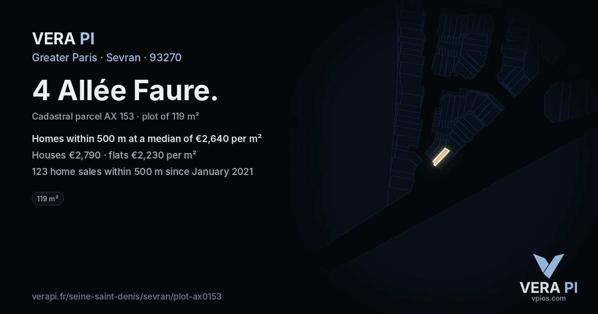 4 Allée Faure, Sevran at night – the plot lit, the parcels around coloured by the prices near them