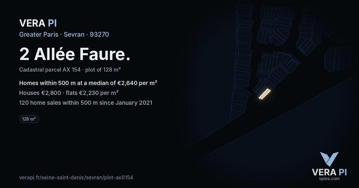 2 Allée Faure, Sevran at night – the plot lit, the parcels around coloured by the prices near them