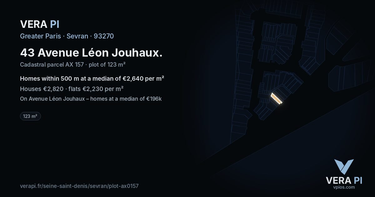 43 Avenue Léon Jouhaux, Sevran at night – the plot lit, the parcels around coloured by the prices near them
