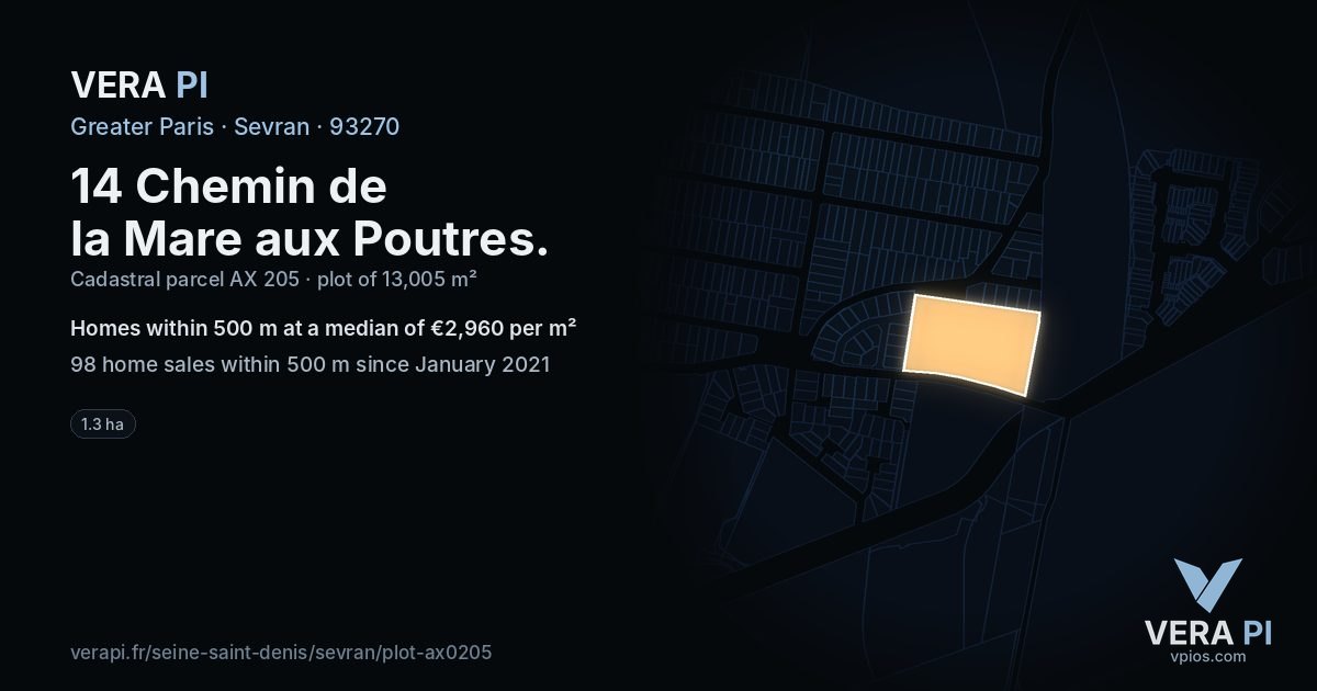 14 Chemin de la Mare aux Poutres, Sevran at night – the plot lit, the parcels around coloured by the prices near them