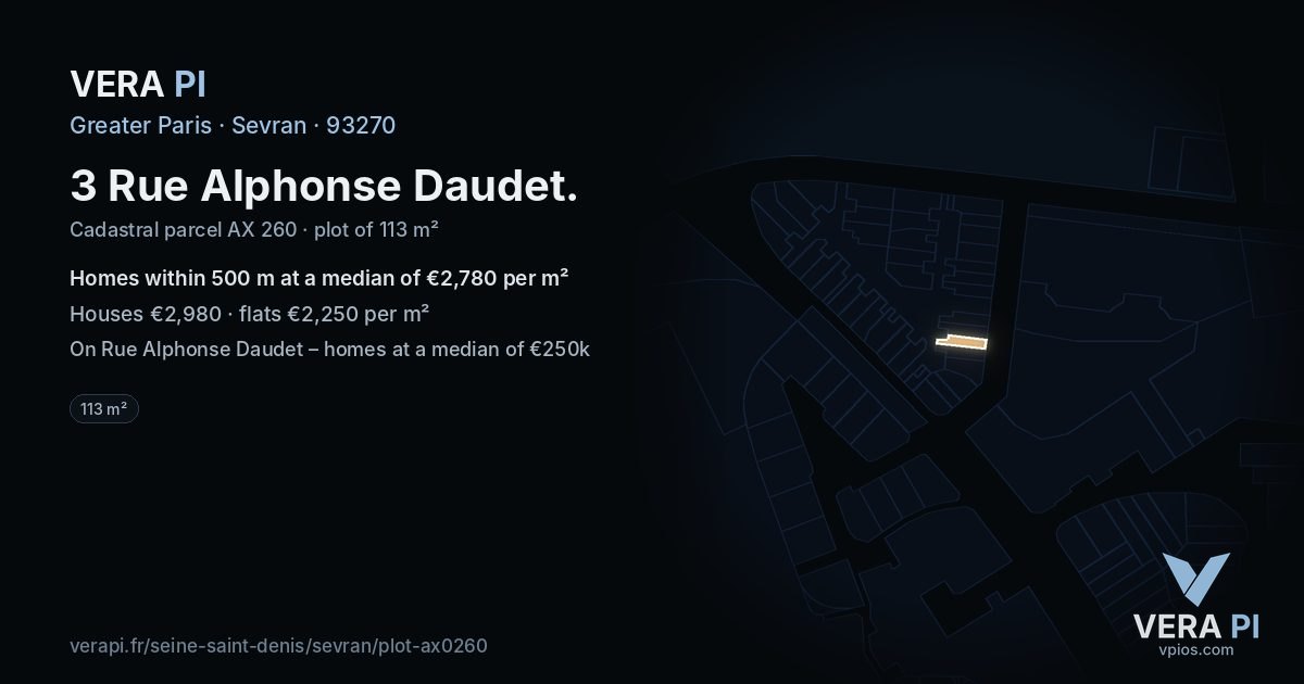 3 Rue Alphonse Daudet, Sevran at night – the plot lit, the parcels around coloured by the prices near them