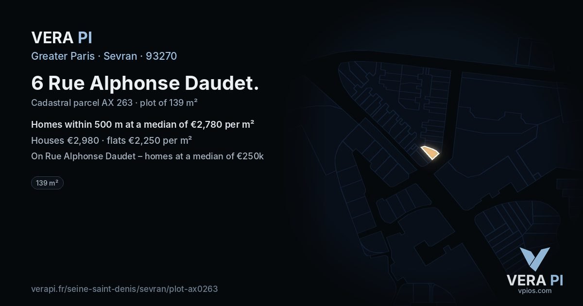 6 Rue Alphonse Daudet, Sevran at night – the plot lit, the parcels around coloured by the prices near them