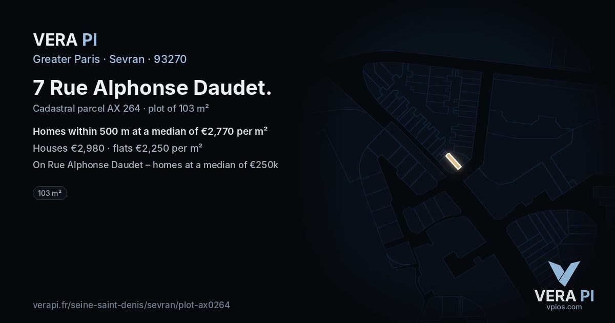 7 Rue Alphonse Daudet, Sevran at night – the plot lit, the parcels around coloured by the prices near them