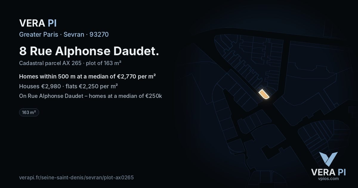 8 Rue Alphonse Daudet, Sevran at night – the plot lit, the parcels around coloured by the prices near them
