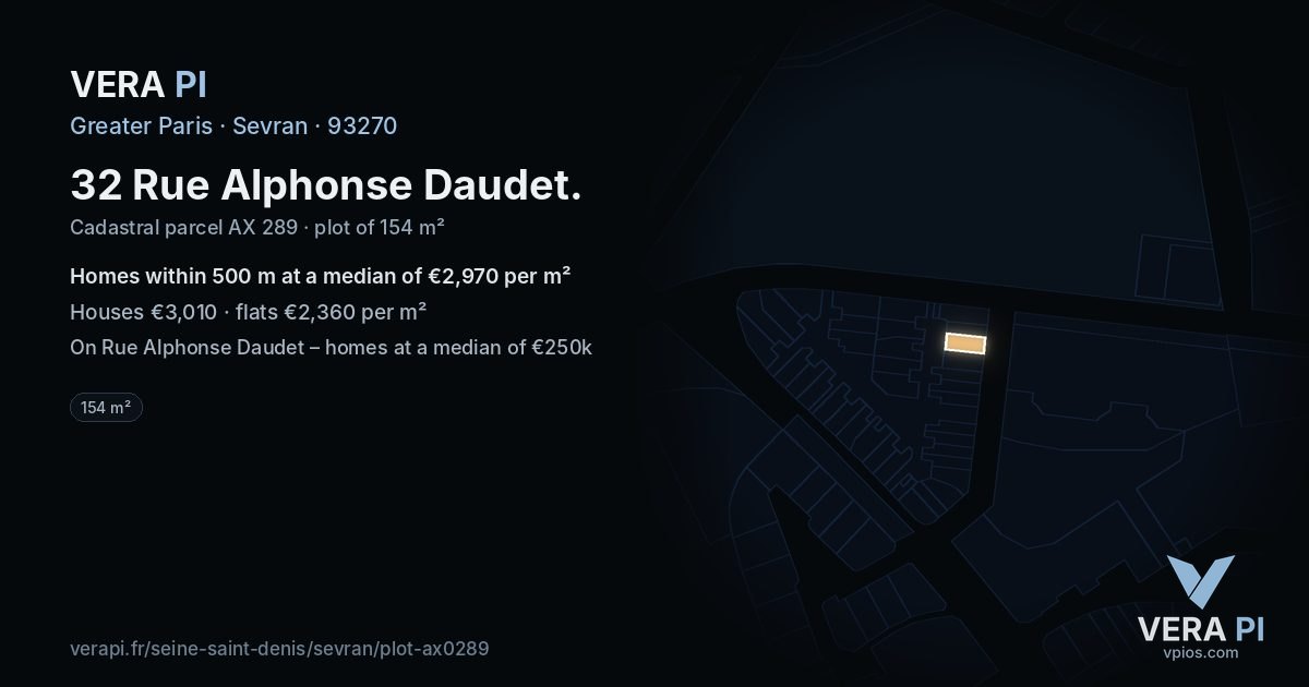 32 Rue Alphonse Daudet, Sevran at night – the plot lit, the parcels around coloured by the prices near them