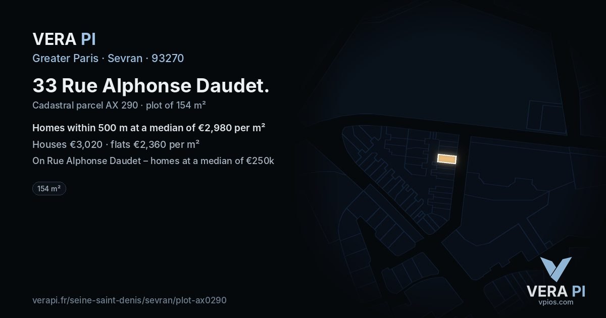 33 Rue Alphonse Daudet, Sevran at night – the plot lit, the parcels around coloured by the prices near them