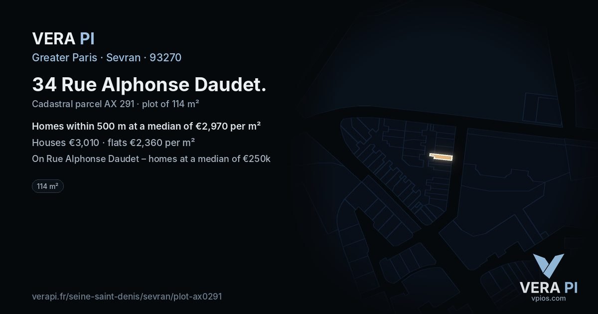 34 Rue Alphonse Daudet, Sevran at night – the plot lit, the parcels around coloured by the prices near them