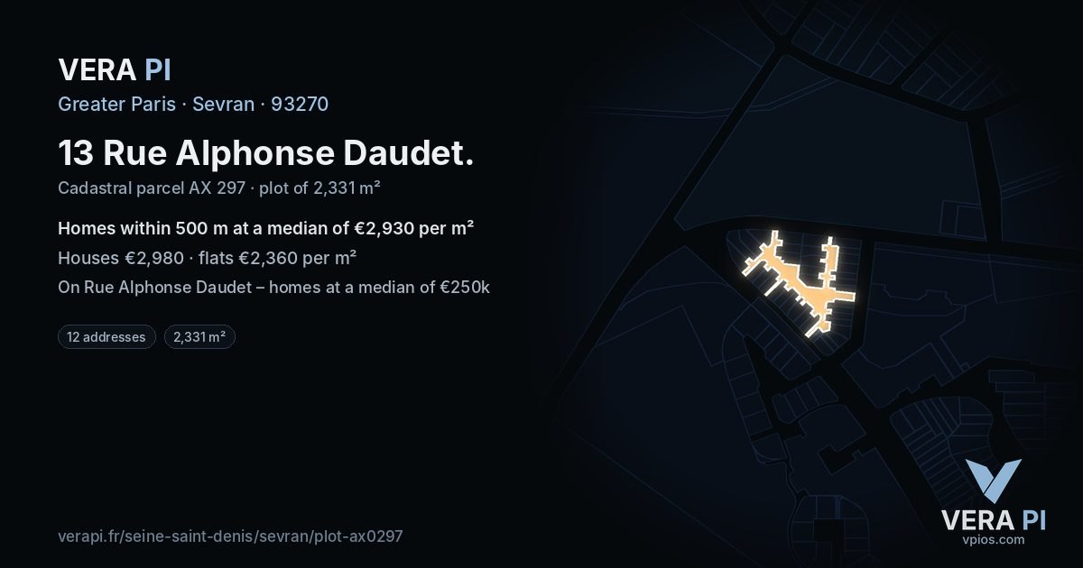 13 Rue Alphonse Daudet, Sevran at night – the plot lit, the parcels around coloured by the prices near them