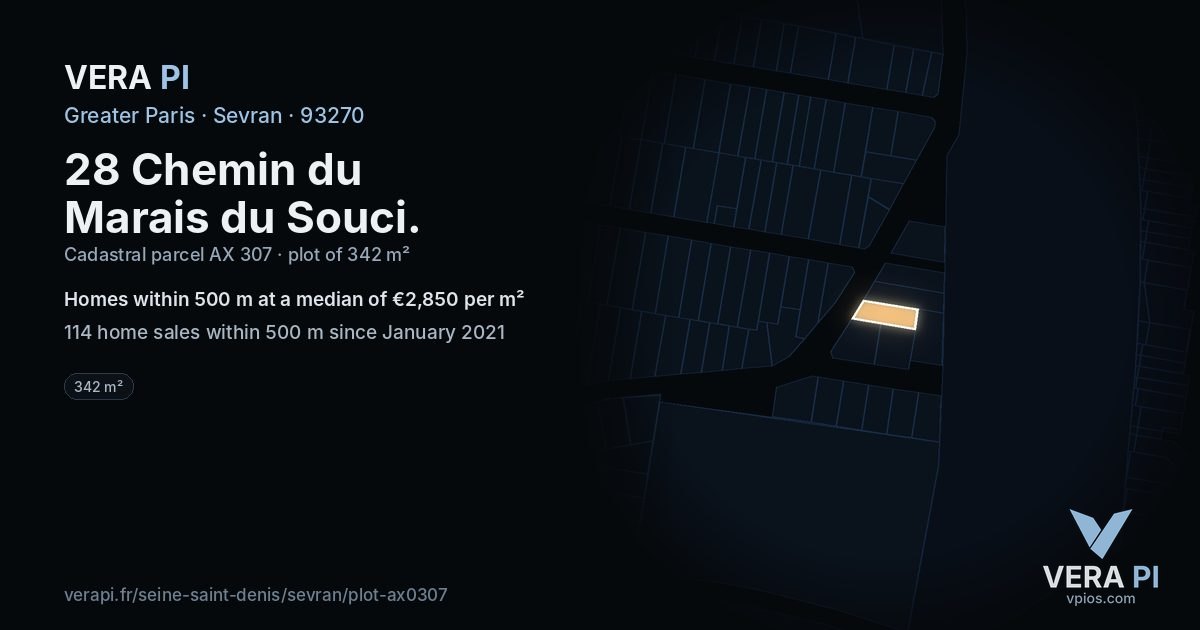28 Chemin du Marais du Souci, Sevran at night – the plot lit, the parcels around coloured by the prices near them