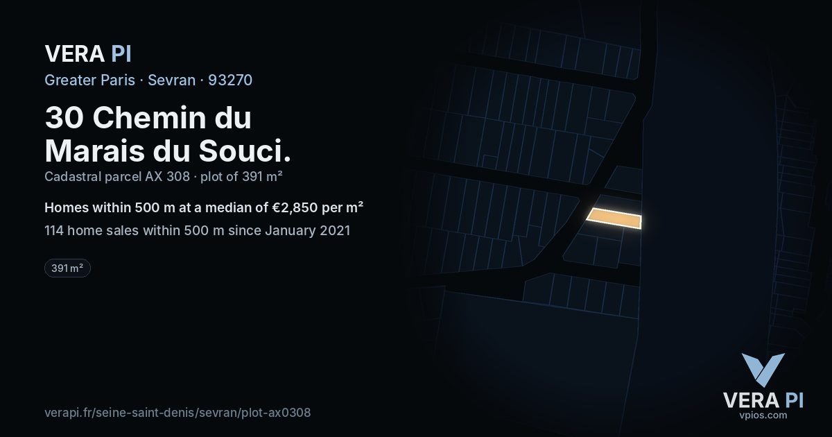 30 Chemin du Marais du Souci, Sevran at night – the plot lit, the parcels around coloured by the prices near them