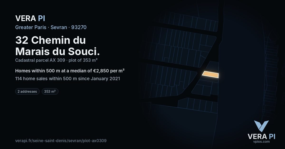 32 Chemin du Marais du Souci, Sevran at night – the plot lit, the parcels around coloured by the prices near them